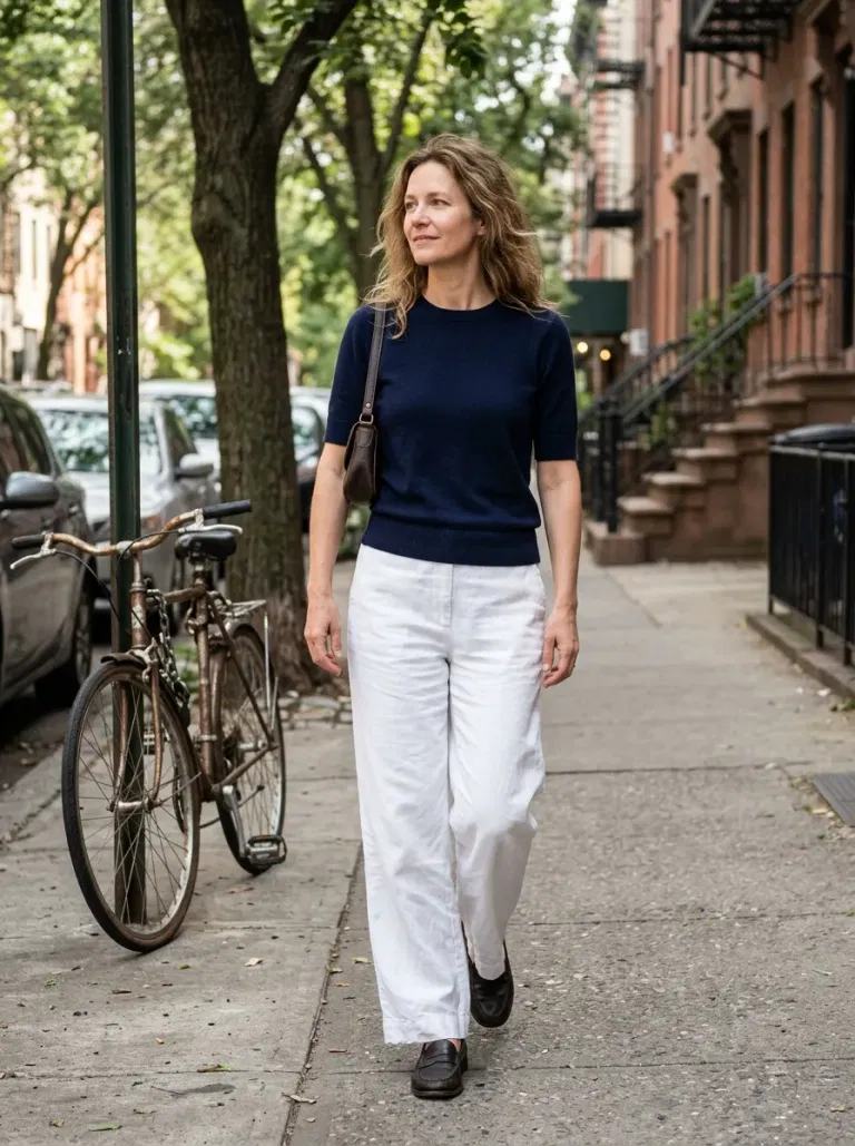 Navy Short-Sleeve Fine-Knit Sweater with White Wide-Leg Trousers