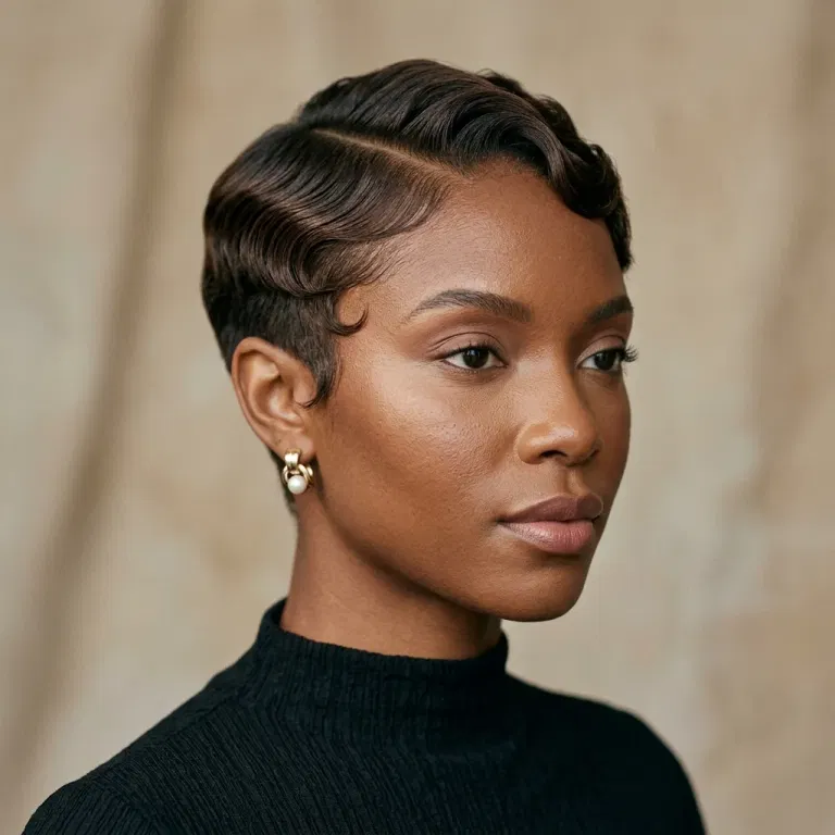 Black woman wearing a sculpted finger-wave pixie haircut