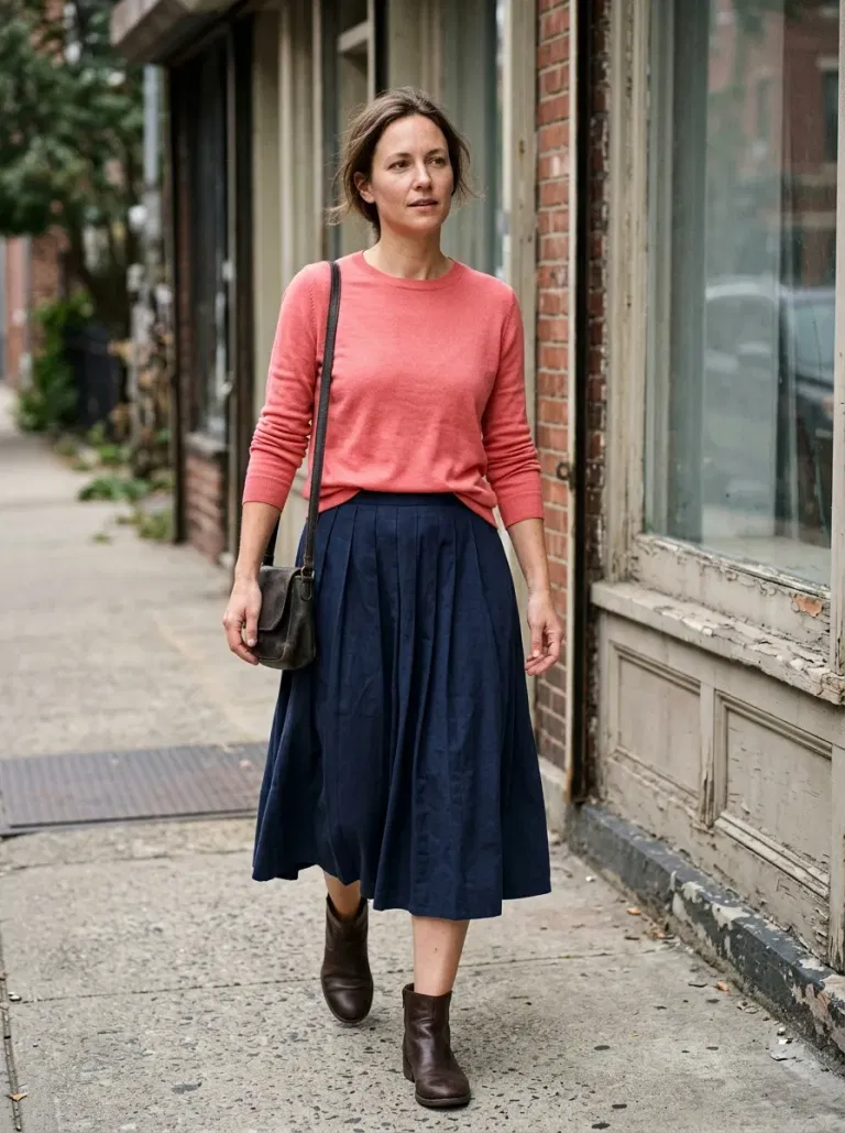 Coral-Pink Fine-Knit Sweater with Navy Pleated Midi Skirt