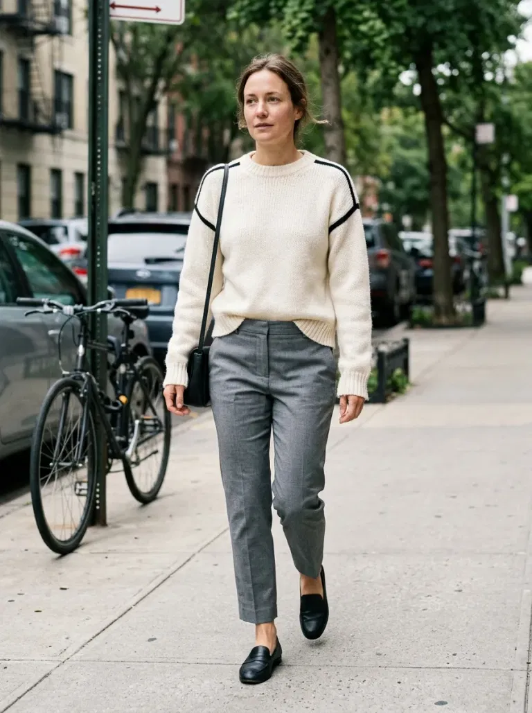 Ivory Sweater With Black Shoulder Stripes with Grey Ankle Trousers