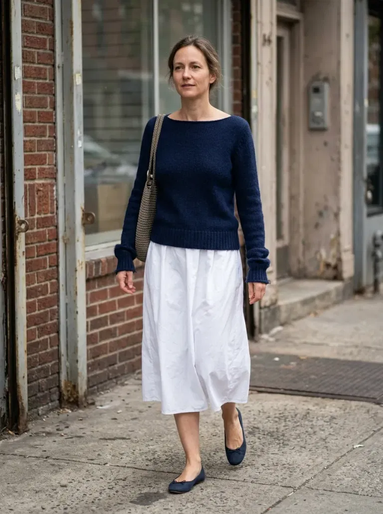 Navy Blue Boat-Neck Sweater with White Poplin Midi Skirt