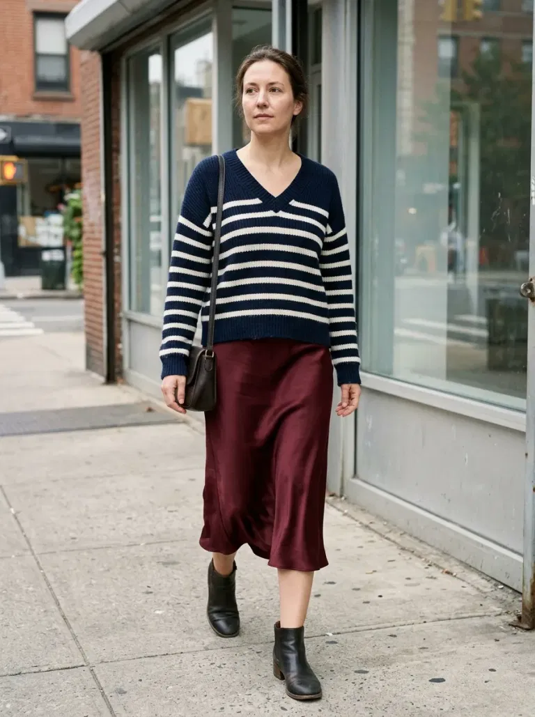 Navy-And-Ivory Striped V-Neck Sweater with Burgundy Satin Midi Skirt