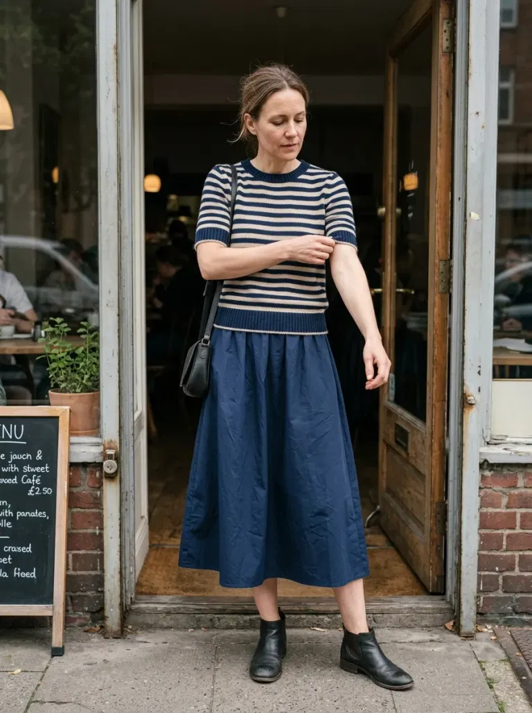 Blue-And-Beige Striped Short-Sleeve Sweater with Navy Poplin Midi Skirt