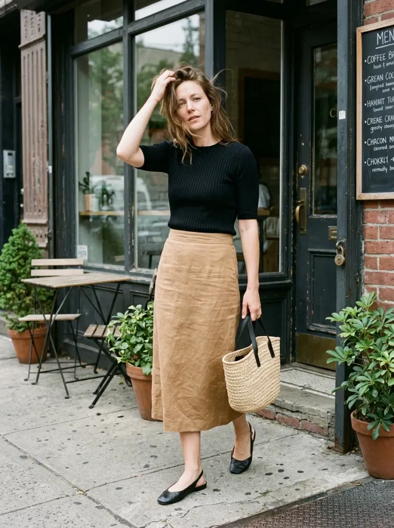 Black Short-Sleeve Ribbed Sweater with Camel Linen Midi Skirt