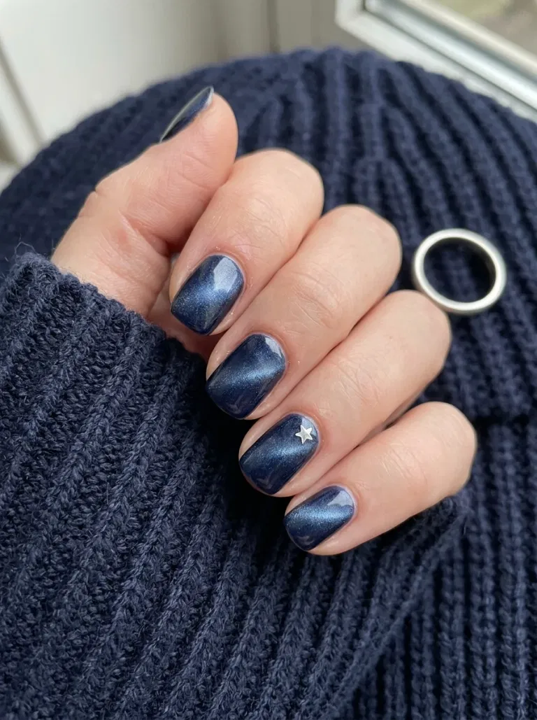 Midnight Navy Velvet Star nail design