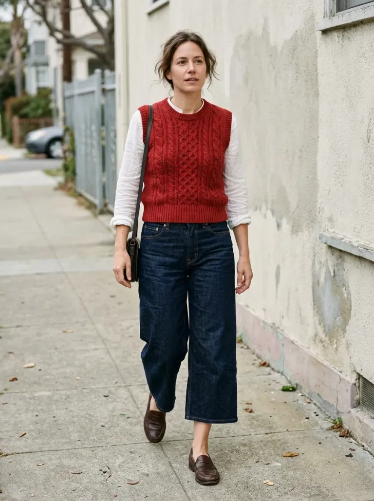 Red Cable-Knit Sweater Vest with Dark Indigo Denim Culottes