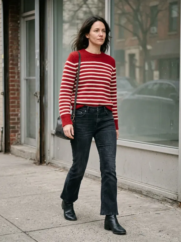 Red-And-Ivory Striped Sweater with Black Kick-Flare Jeans