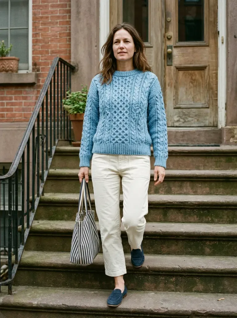 Sky-Blue Fisherman Sweater with Ecru Cropped Trousers