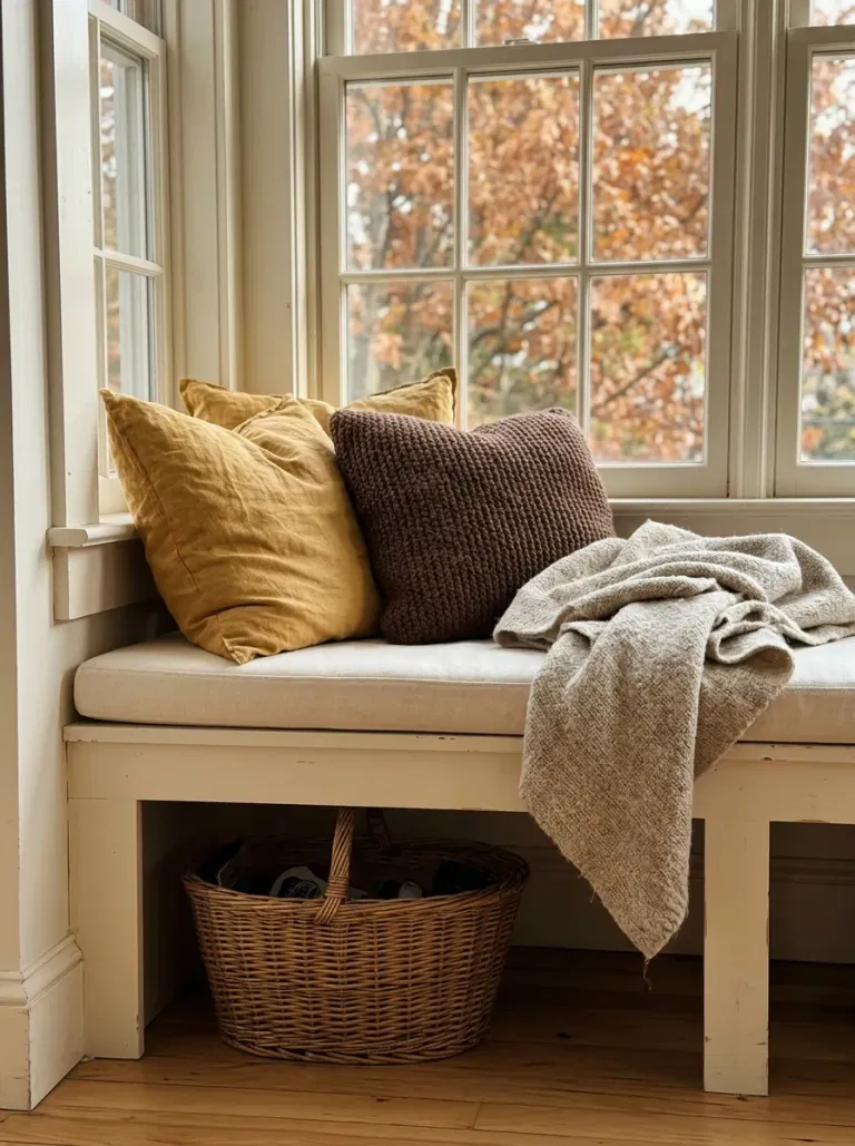 Warm Window Bench with Autumn Pillows
