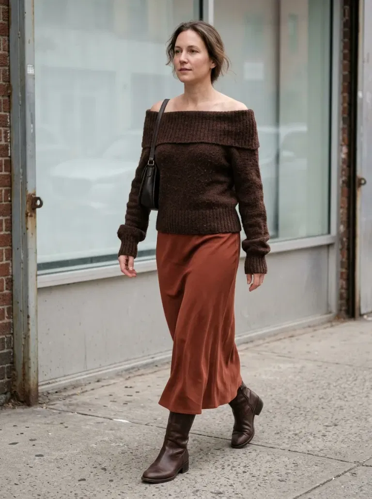 Chocolate Off-The-Shoulder Sweater with Rust Bias-Cut Midi Skirt
