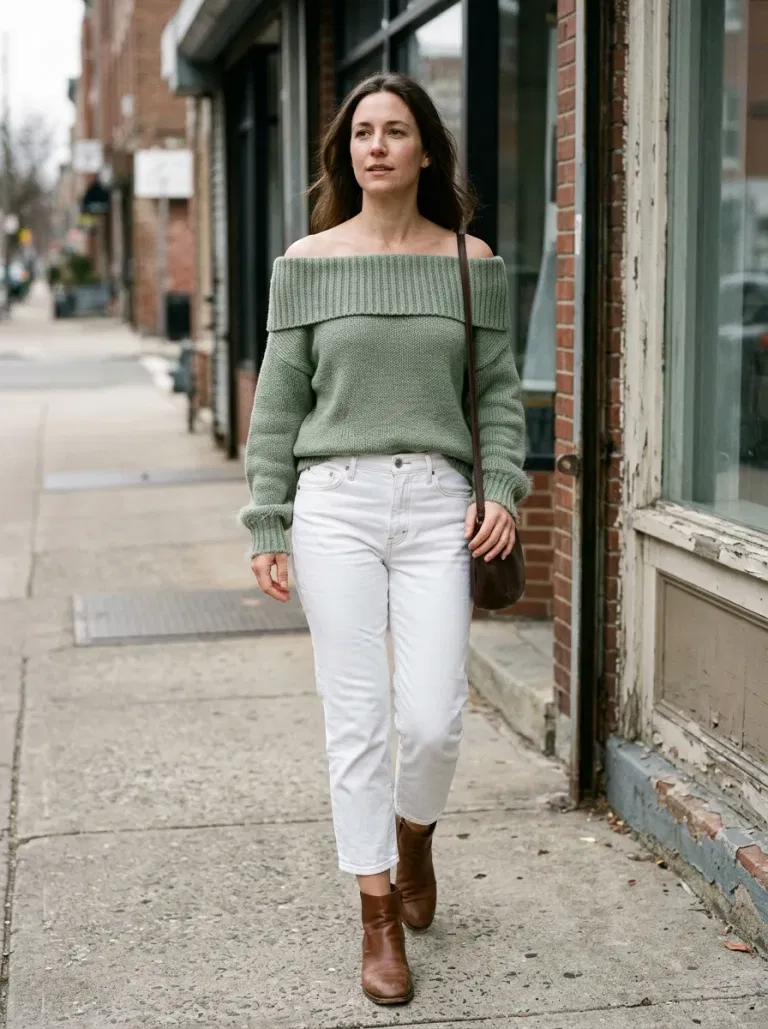 Sage Off-The-Shoulder Cotton Sweater with White Cropped Jeans