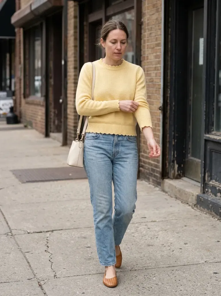 Butter-Yellow Scalloped Crewneck Sweater with Light-Wash Straight Jeans