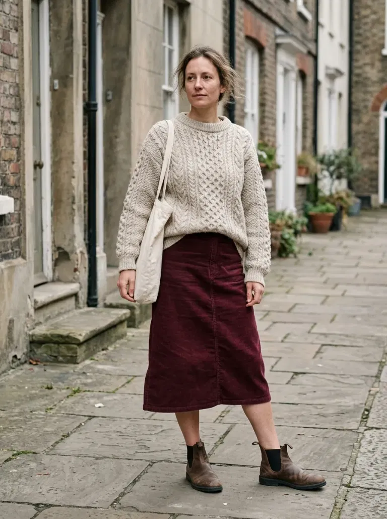 Oatmeal Fisherman Sweater with Burgundy Corduroy Midi Skirt