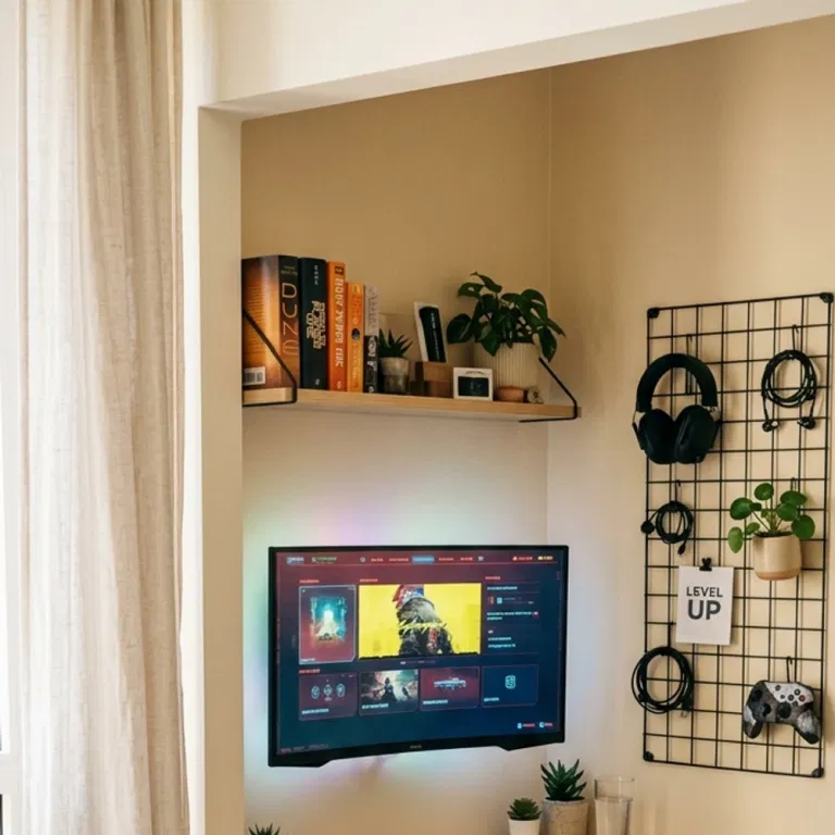 Bright small gaming room with warm neutral walls and natural daylight