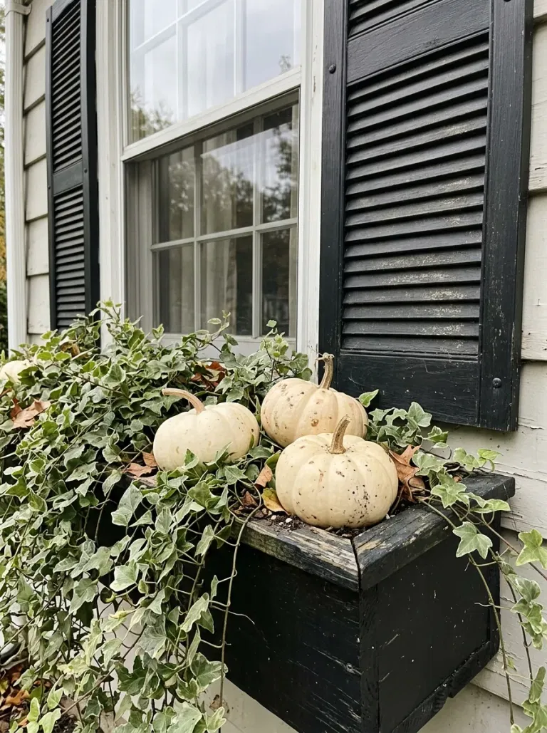 Whitewashed Pumpkin Window Boxes