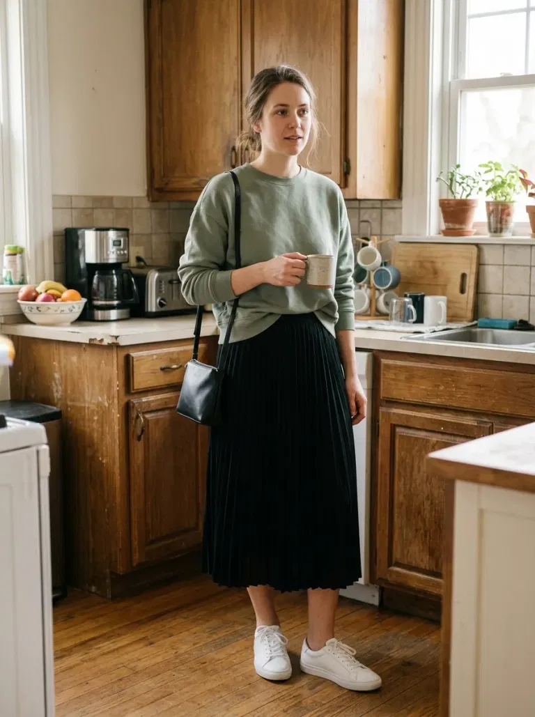 Sage Green Sweatshirt and Pleated Midi