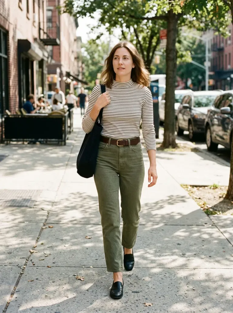 Striped Mock-Neck and Olive Denim