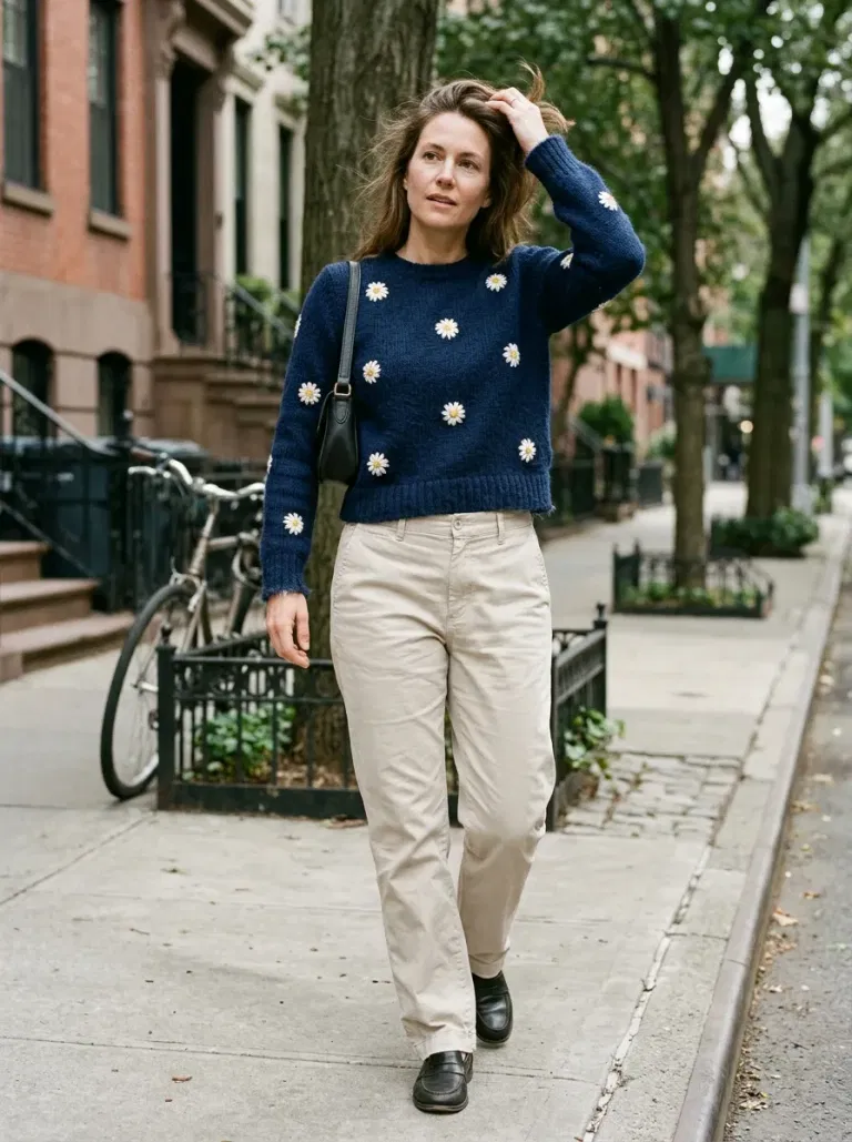 Navy Daisy-Embroidered Sweater with Stone Chino Trousers