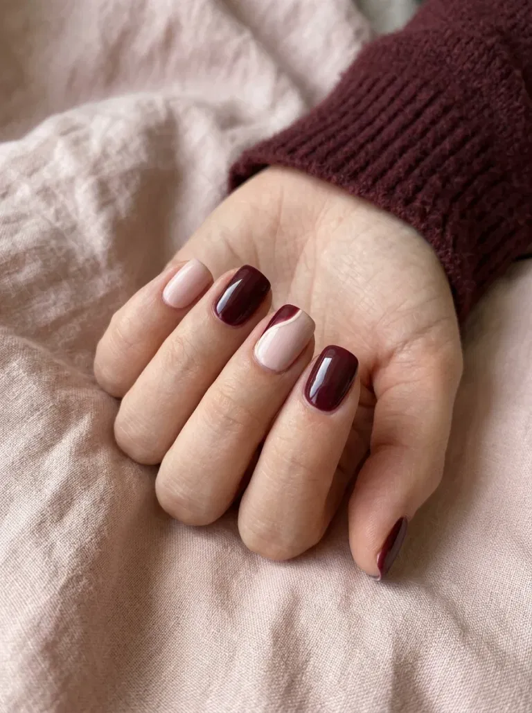 Bordeaux and Blush Color-Block nail design