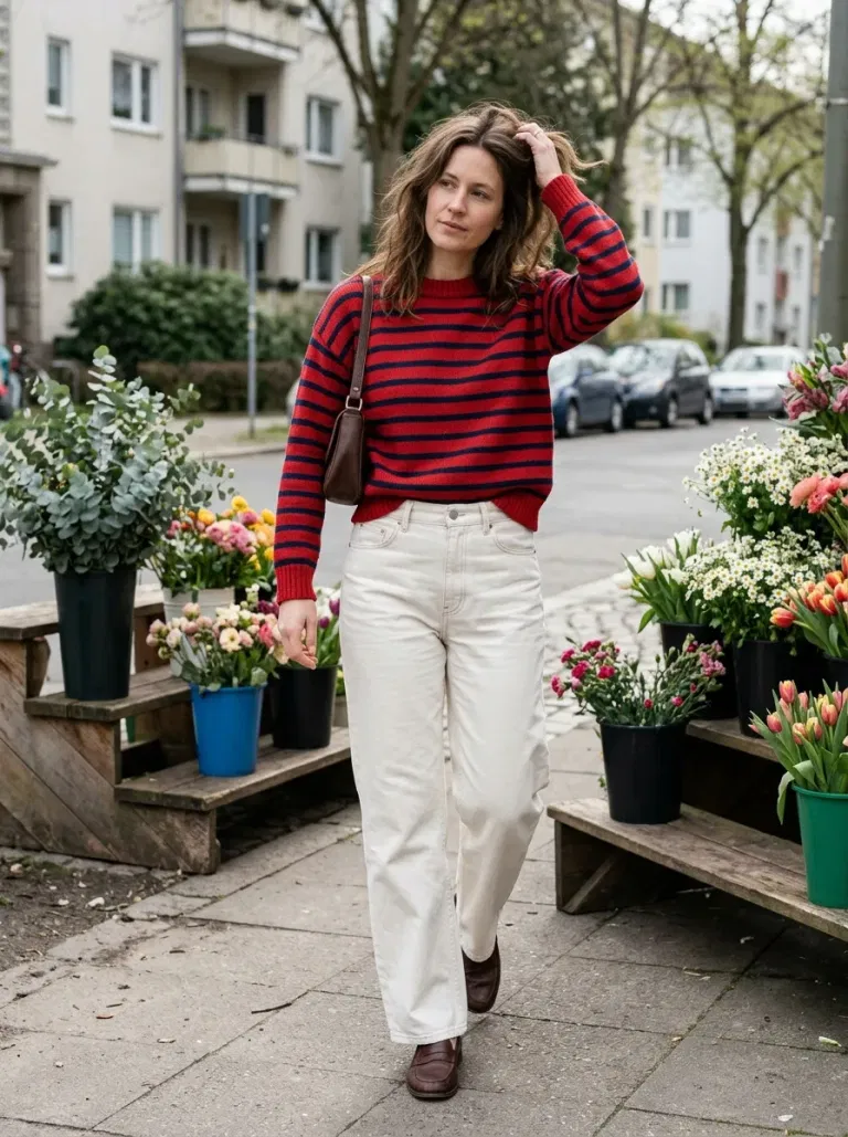 Red-And-Navy Striped Crewneck Sweater with Ecru Wide-Leg Jeans