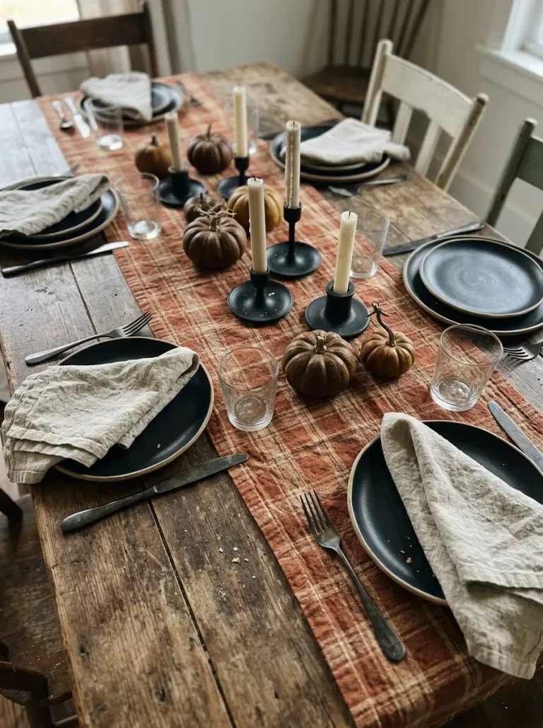 Rust Plaid with Black Crockery