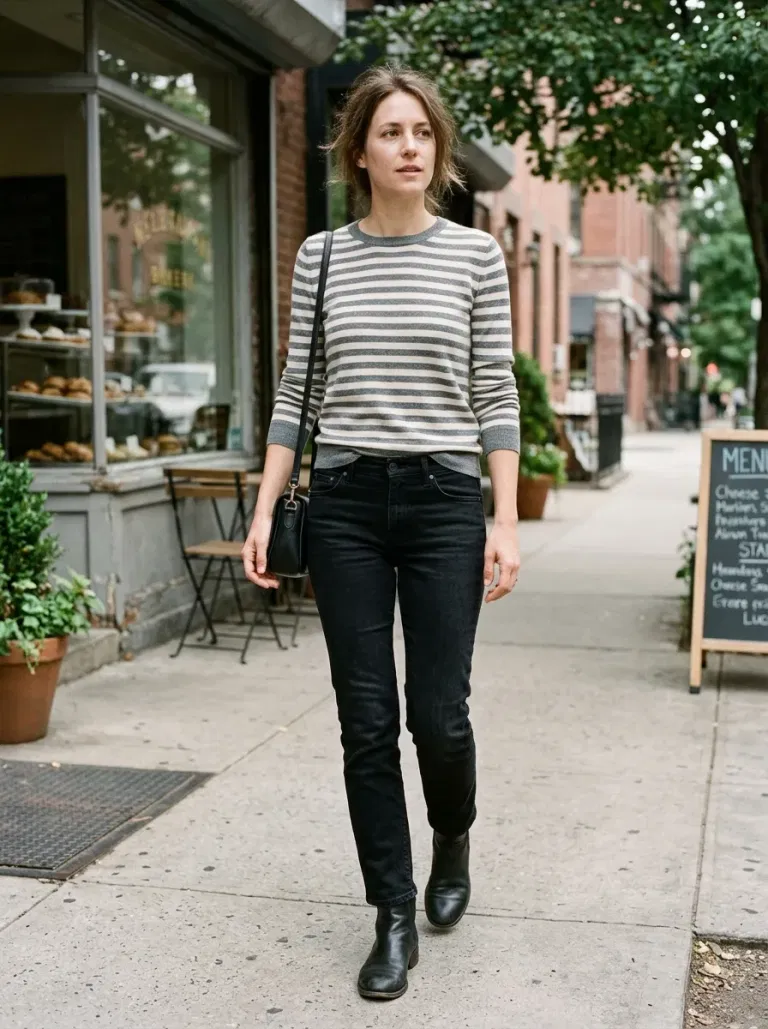 Grey-And-Cream Striped Fine-Knit Sweater with Black Cigarette Jeans