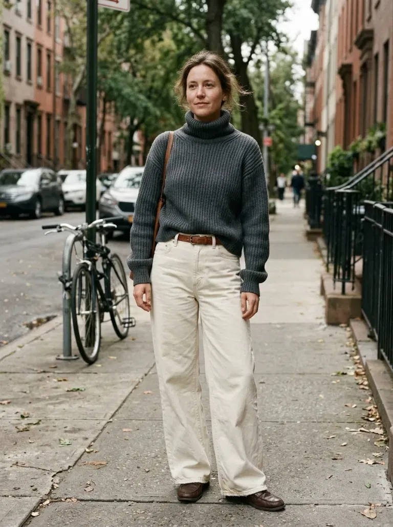 Charcoal Ribbed Turtleneck Sweater with Cream Wide-Leg Trousers