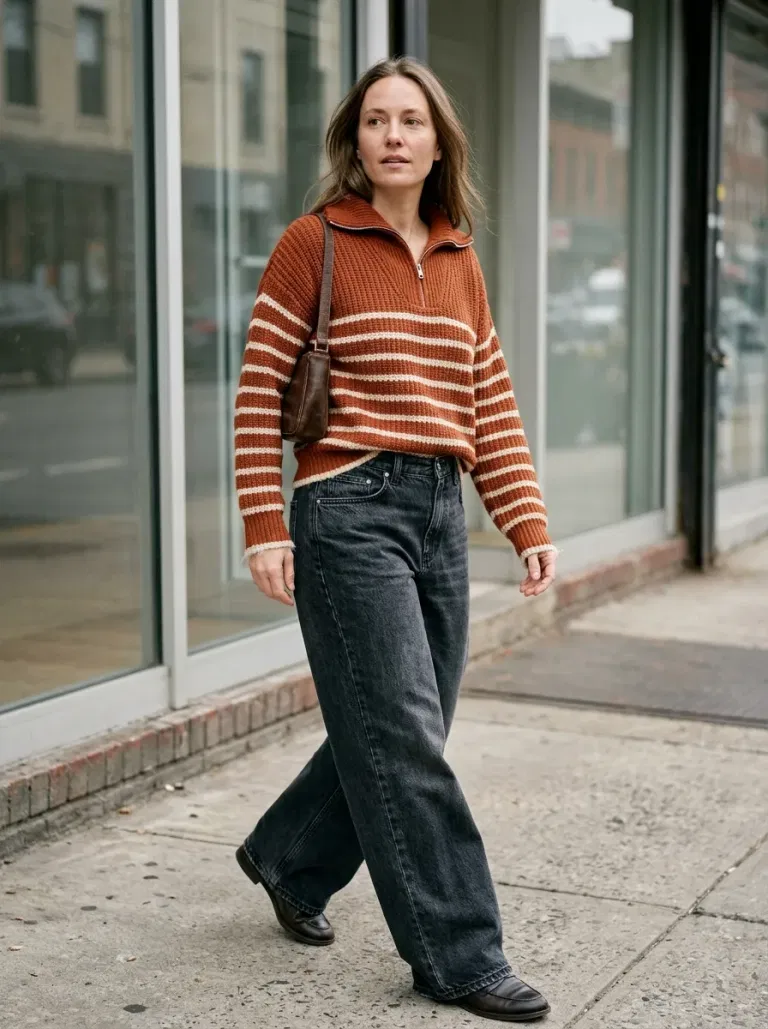 Rust-And-Cream Striped Half-Zip Sweater with Washed-Black Wide-Leg Jeans