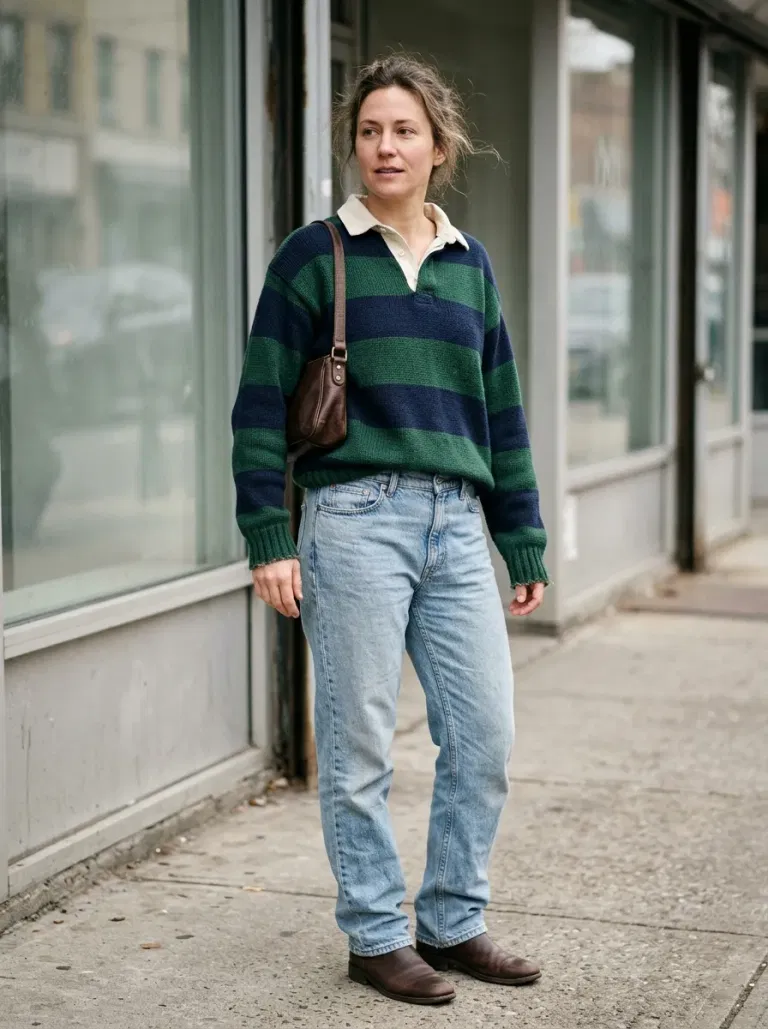 Green-And-Navy Striped Rugby Sweater with Light-Wash Relaxed Jeans