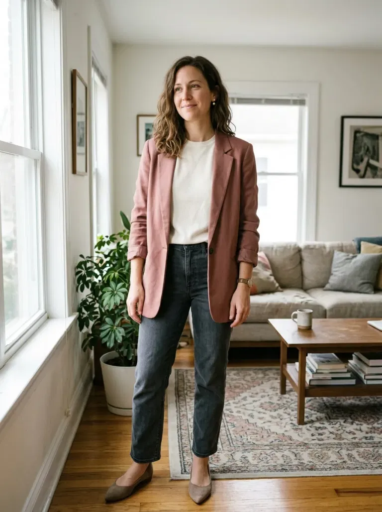 Dusty Rose Blazer and Gray Denim