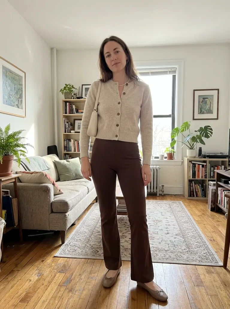 Oatmeal Cardigan and Brown Mini Flare Pants