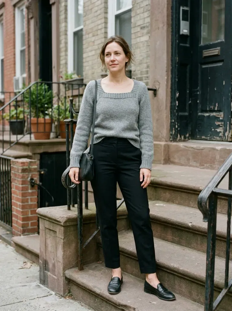 Dove-Grey Square-Neck Sweater with Black Tailored Cigarette Trousers
