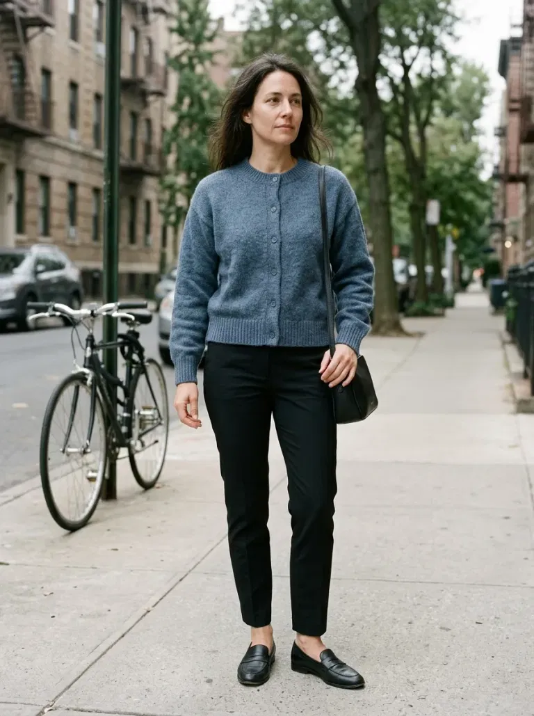 Slate-Blue Crewneck Cardigan with Black Cigarette Trousers