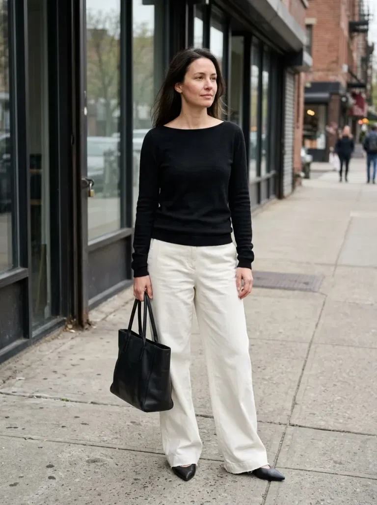 Black Fine-Knit Boat-Neck Sweater with Ivory Wide-Leg Trousers