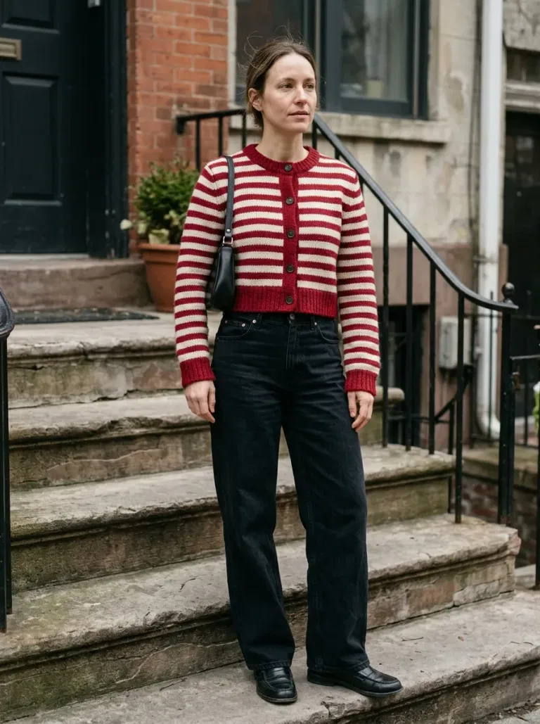 Red-And-Cream Striped Cropped Cardigan with Black Wide-Leg Jeans