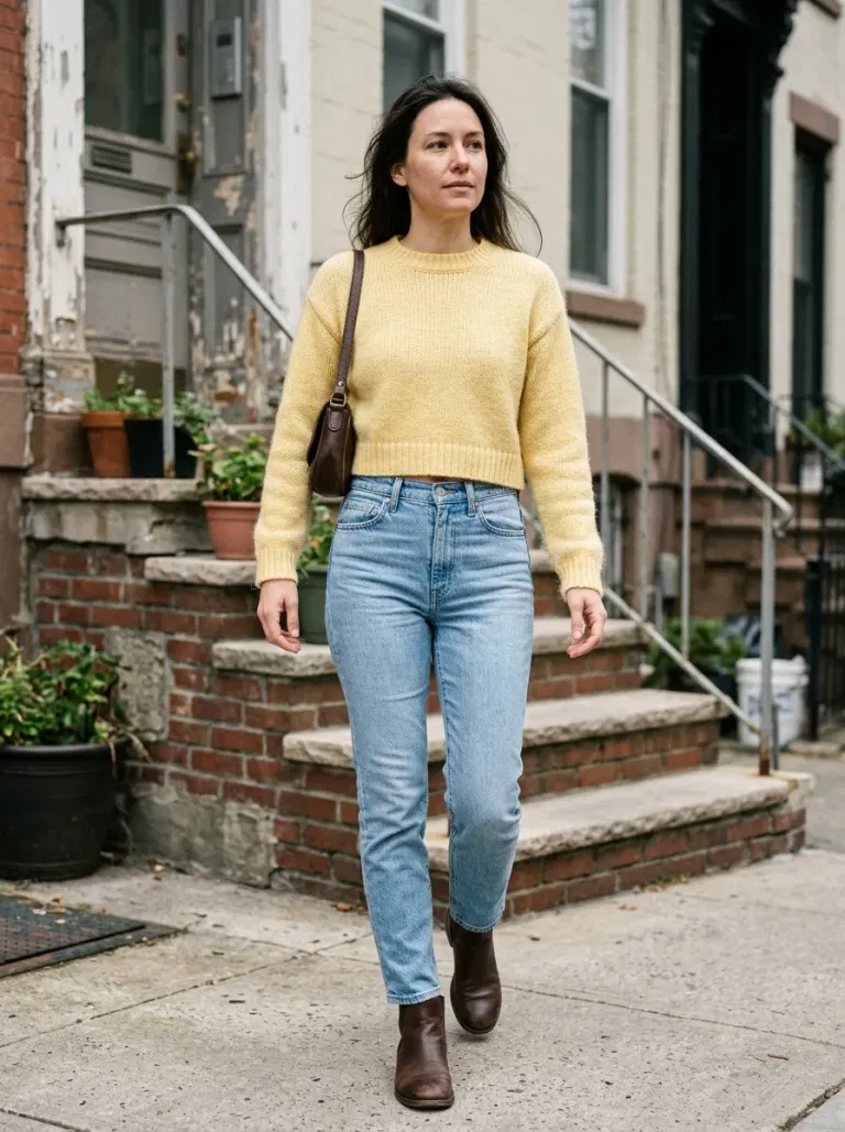 Butter-Yellow Cropped Crewneck with High-Rise Light Blue Slim-Straight Jeans