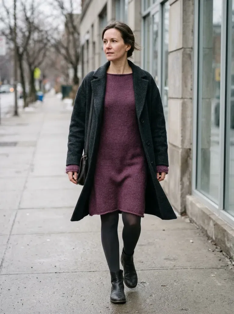 Plum Boat-Neck Sweater Dress with Charcoal Wool Coat