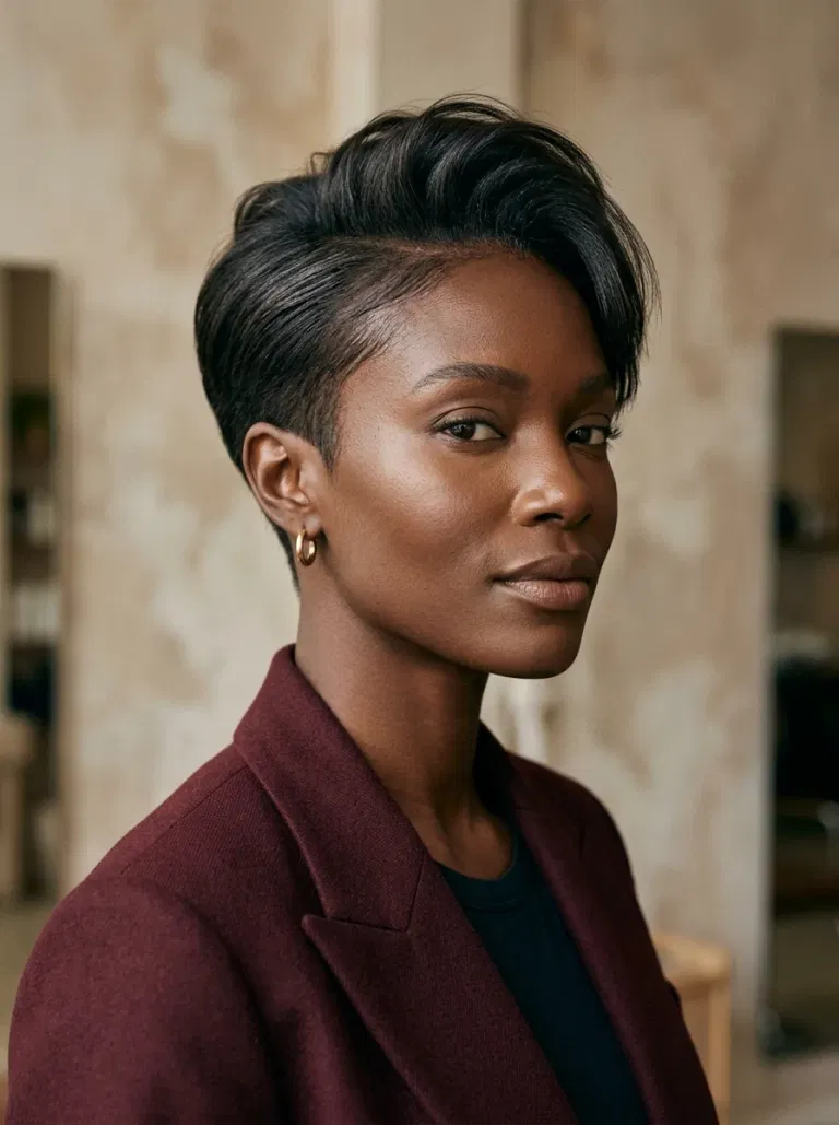 Black woman wearing a long-top straight pixie hairstyle