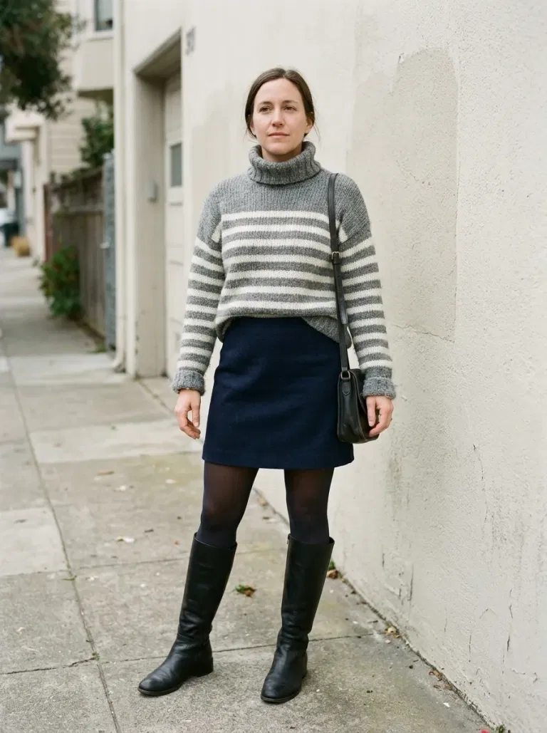 Grey-And-Ivory Striped Turtleneck Sweater with Navy Wool Mini Skirt