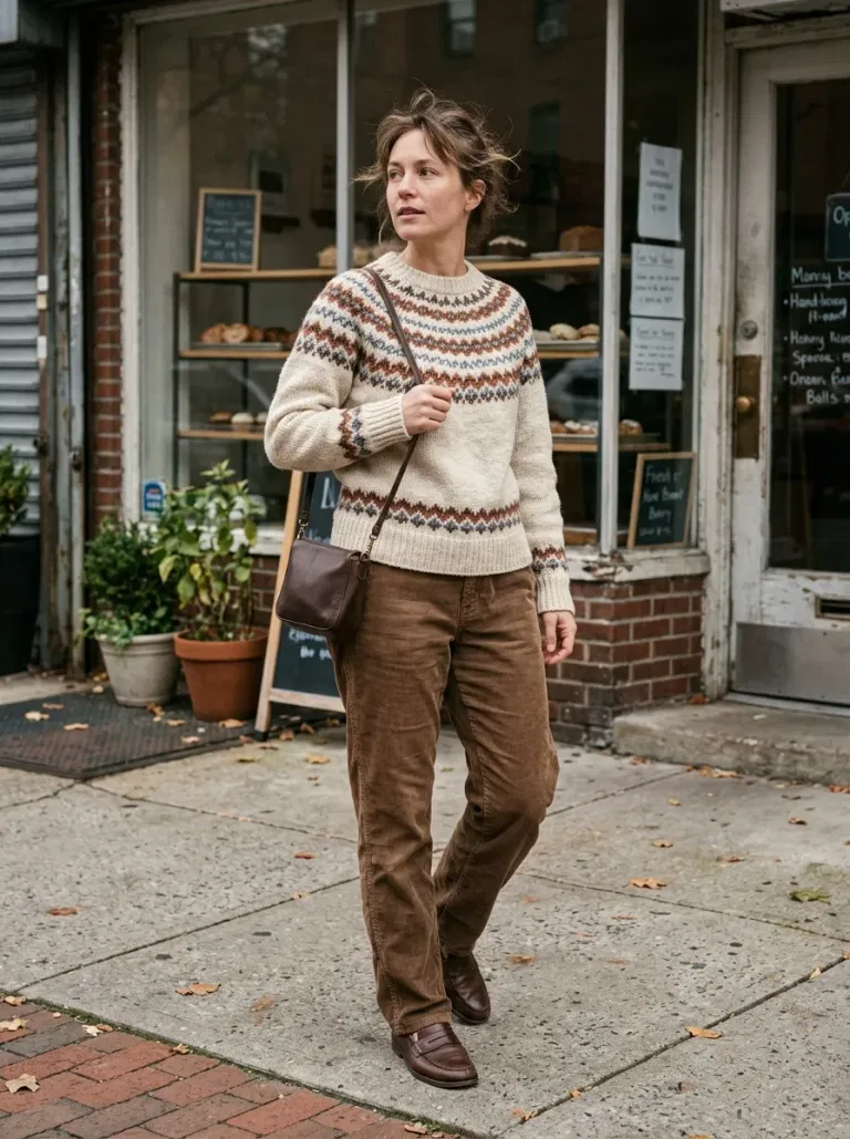 Cream Fair Isle Sweater with Brown Corduroy Trousers