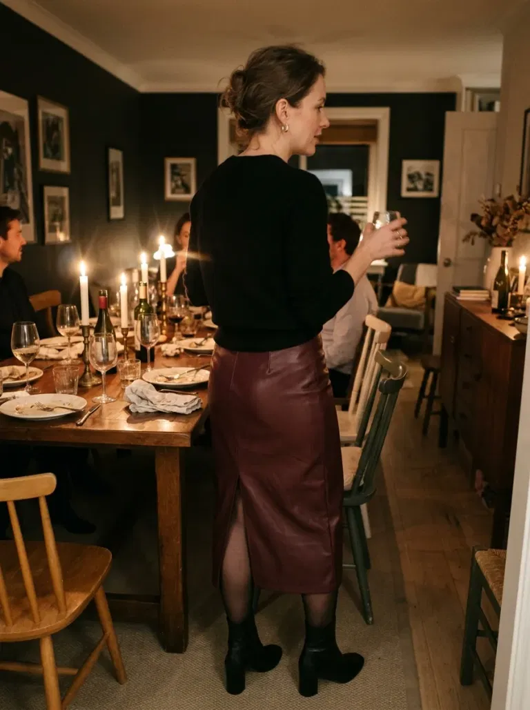 Dark Cherry Leather-Look Midi Skirt