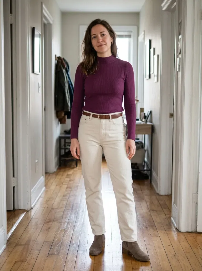 Plum Mock-Neck and Dark Ecru Jeans