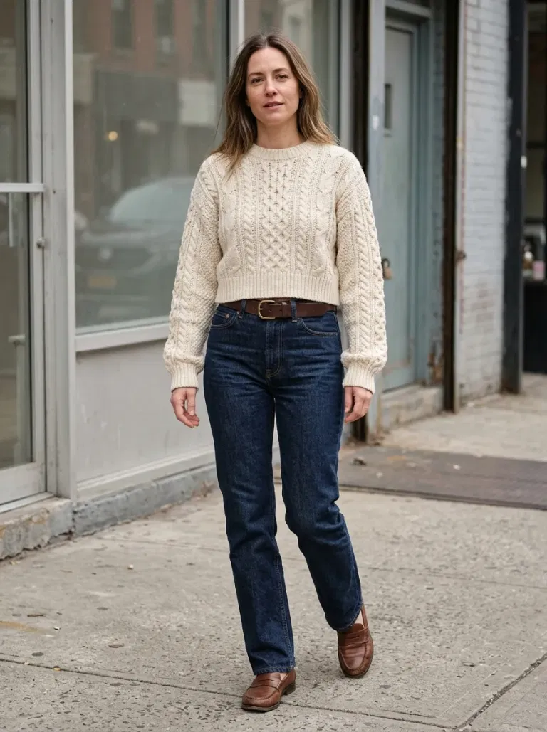 Cream Cropped Cable Sweater with High-Rise Dark Straight Jeans