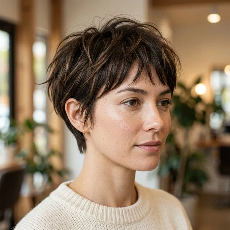 Woman wearing a piecey pixie haircut with a soft fringe