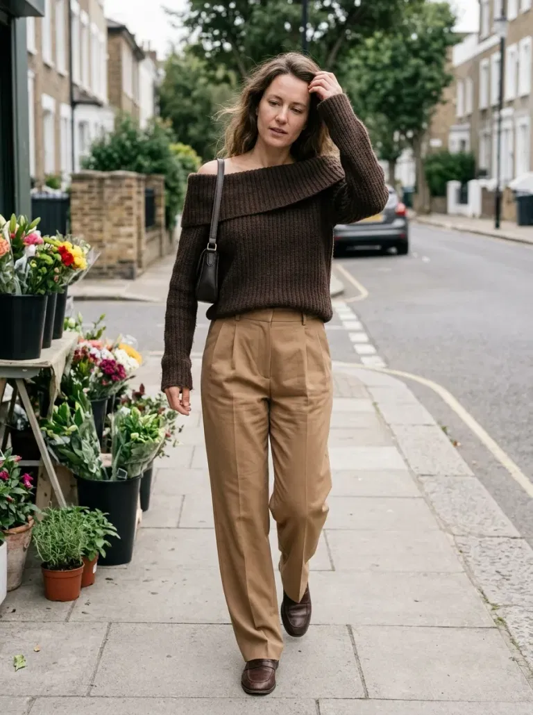 Espresso Off-The-Shoulder Sweater with Camel Pleated Trousers