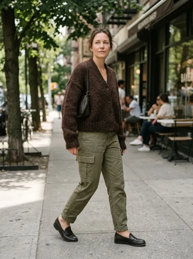 Chocolate Boxy Cardigan with Olive Tapered Cargo Trousers