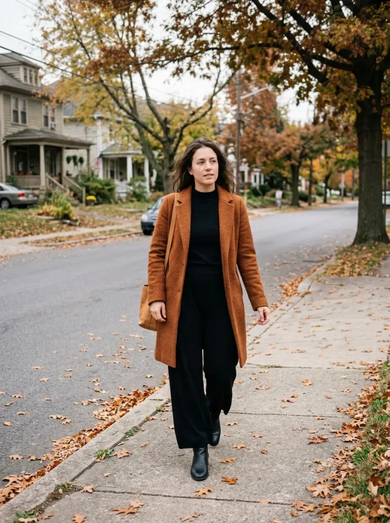All-Black Outfit with a Cognac Coat