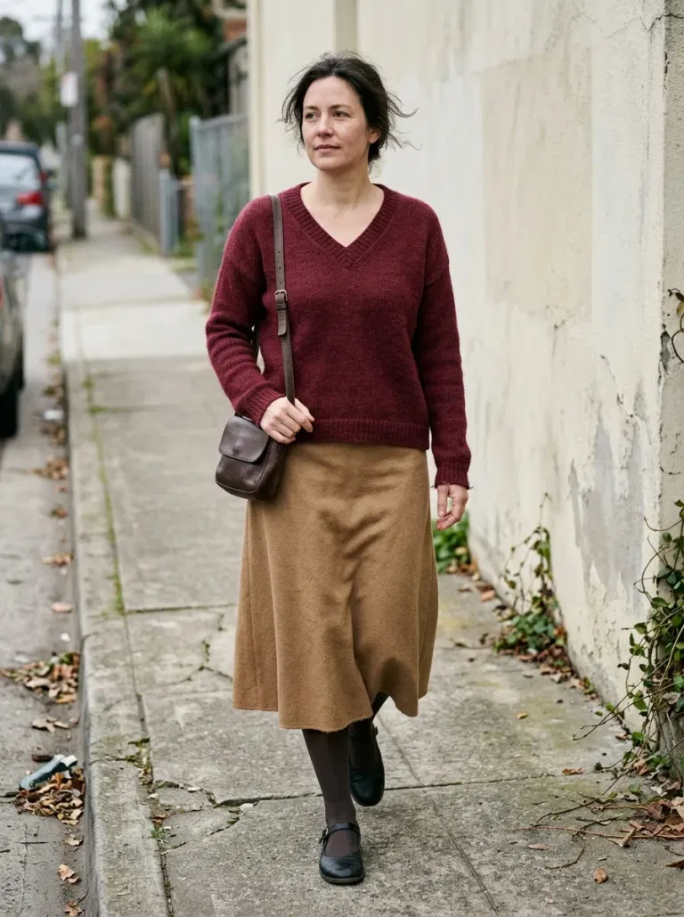 Wine-Red V-Neck Sweater with Camel Wool A-Line Skirt