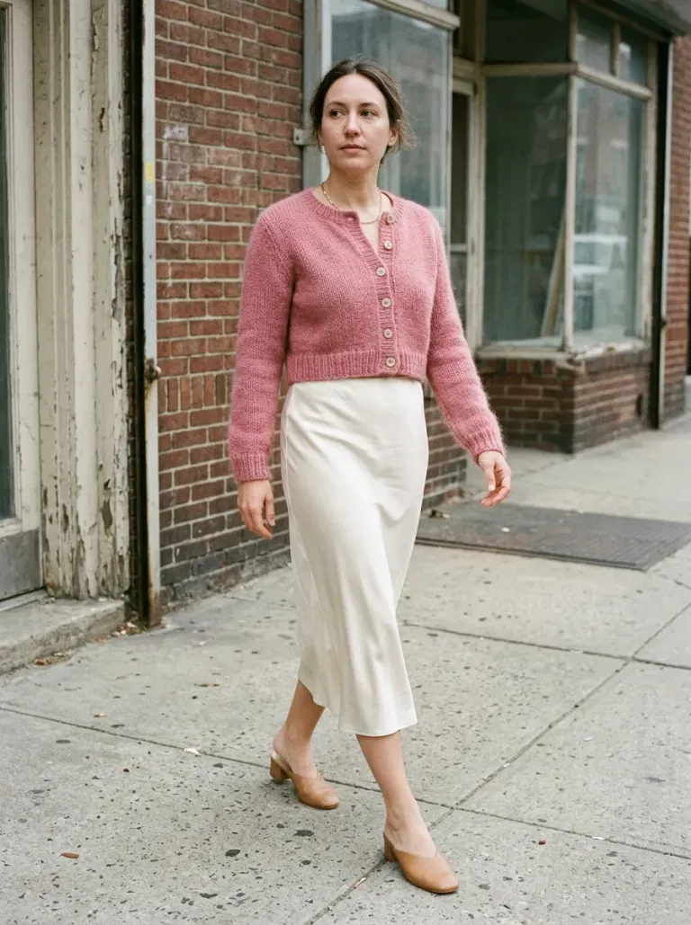 Rose-Pink Cropped Cardigan with Cream Satin Midi Skirt