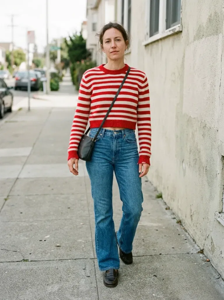Red-And-Ivory Striped Cropped Sweater with Mid-Blue High-Rise Flares